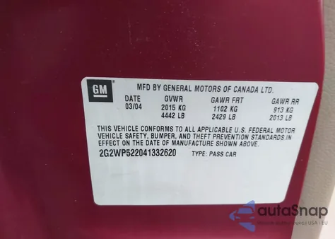 2004 Pontiac Grand Prix Gt1 из США, поврежденный, VIN 2G2WP522041332620